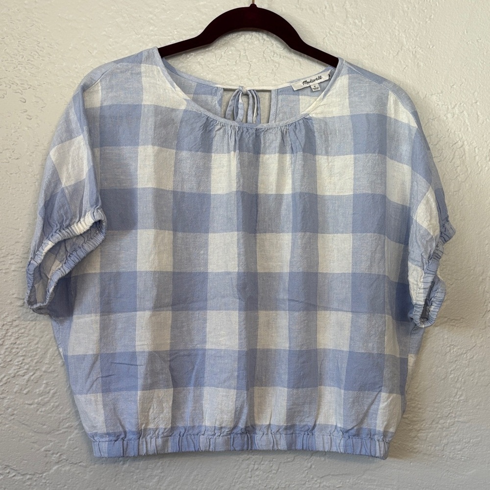 Madewell Light Blue and White Gingham Plaid Short Sleeve Open Back Top M - Picture 2 of 8